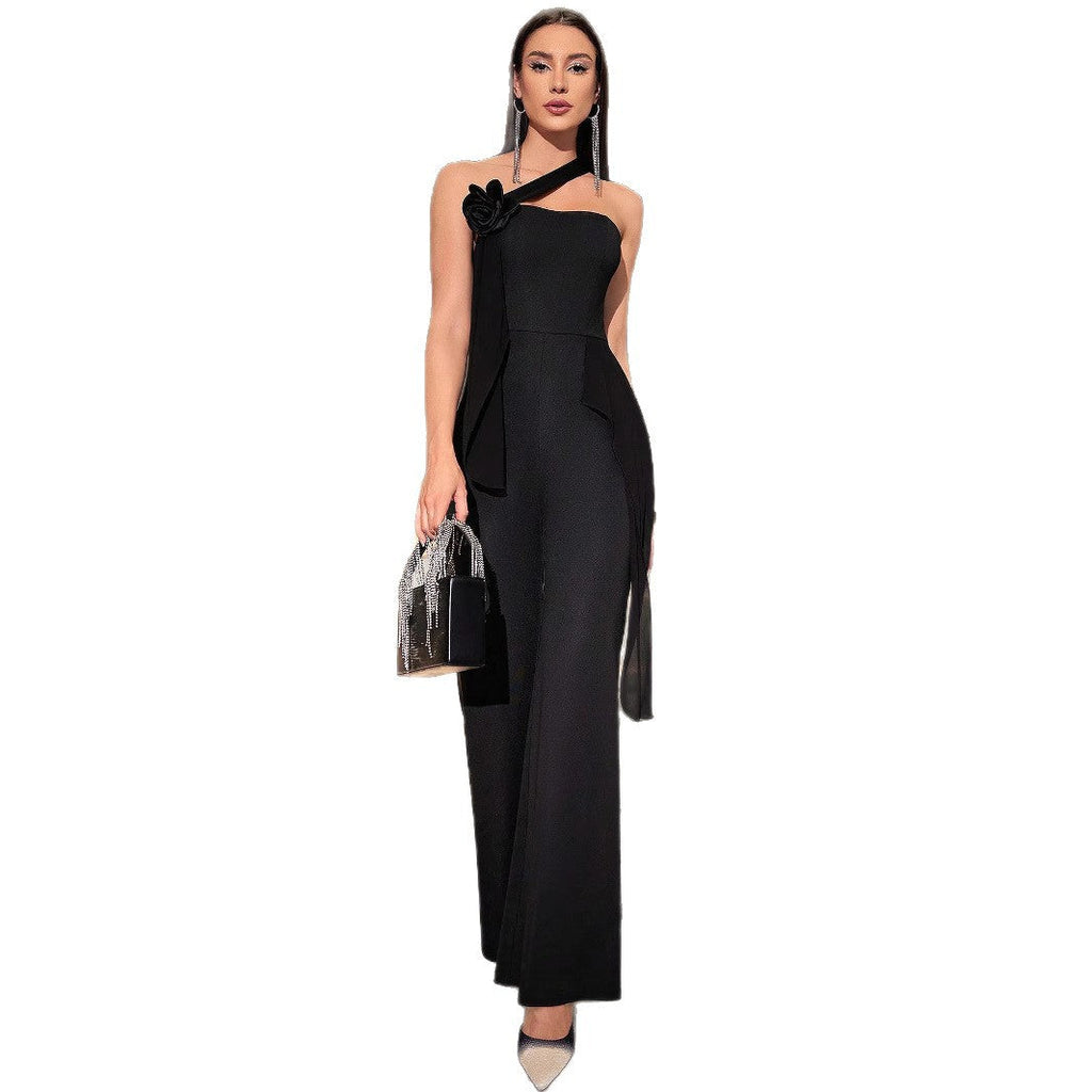 Elegant One-Shoulder Jumpsuit with Floral Detail and Wide Leg