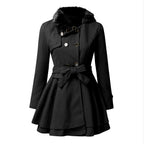 Women's Elegant Trench Coat with Detachable Faux Fur Collar and Waist Belt