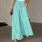 Women's Elegant and Airy Wide-Leg Trousers with Elastic Waist and Pockets