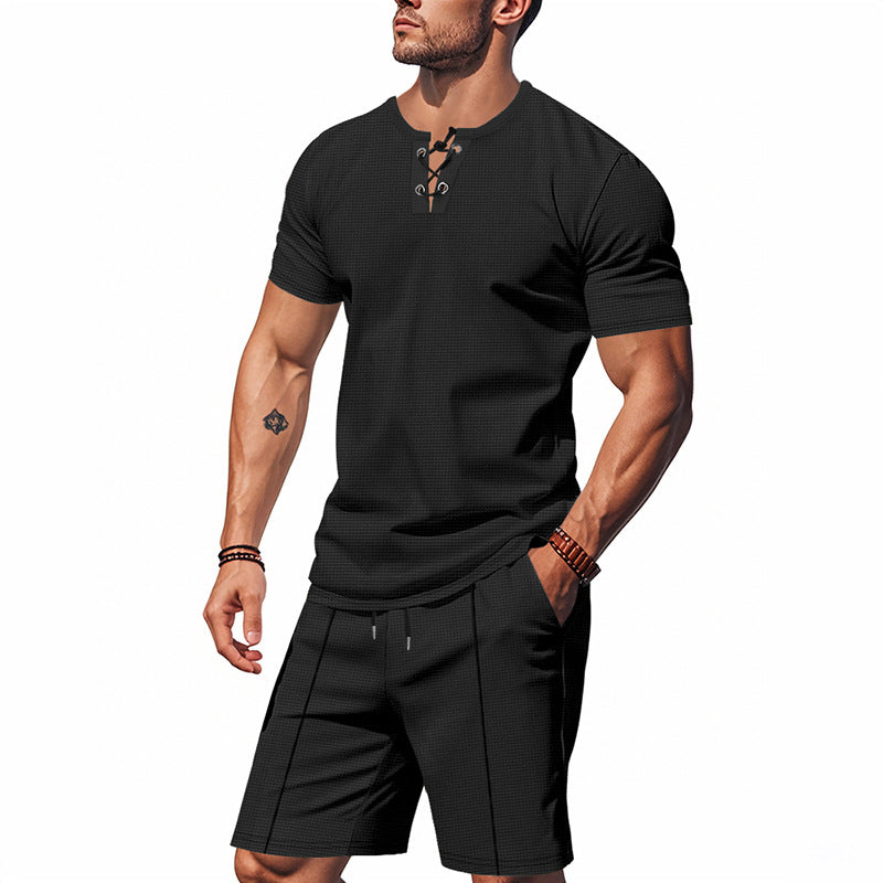 Men's Short-Sleeved Lace-Up Collar Waffle Jersey Set