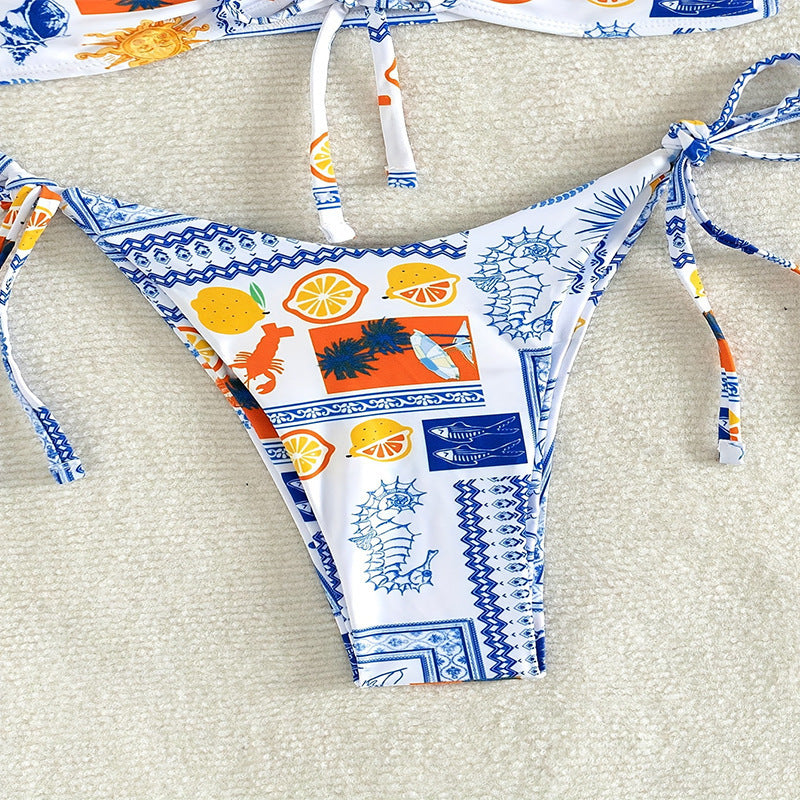 Women's Bandeau Bikini with Floral Patterns and Sophisticated Ties