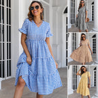 Women's Flowy V-Neck Jumpsuit with Ruffles and Plaid Pattern