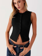 Sleeveless Ribbed Button-Down Top