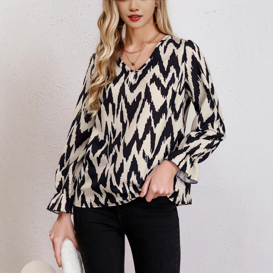 Women's Blouse with Modern Zigzag Pattern and Elegant Balloon Sleeves