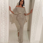 Women's Glamorous Evening Outfit with Off-Shoulder Top and Flowing Legs