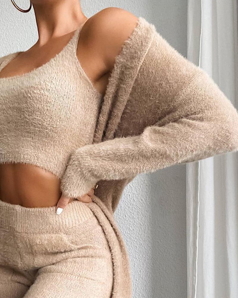 Women's Cozy Fine Fleece Lounge Set with Open Cardigan and Crop Top