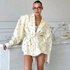 Elegant Floral Blazer Jacket with Waist Belt