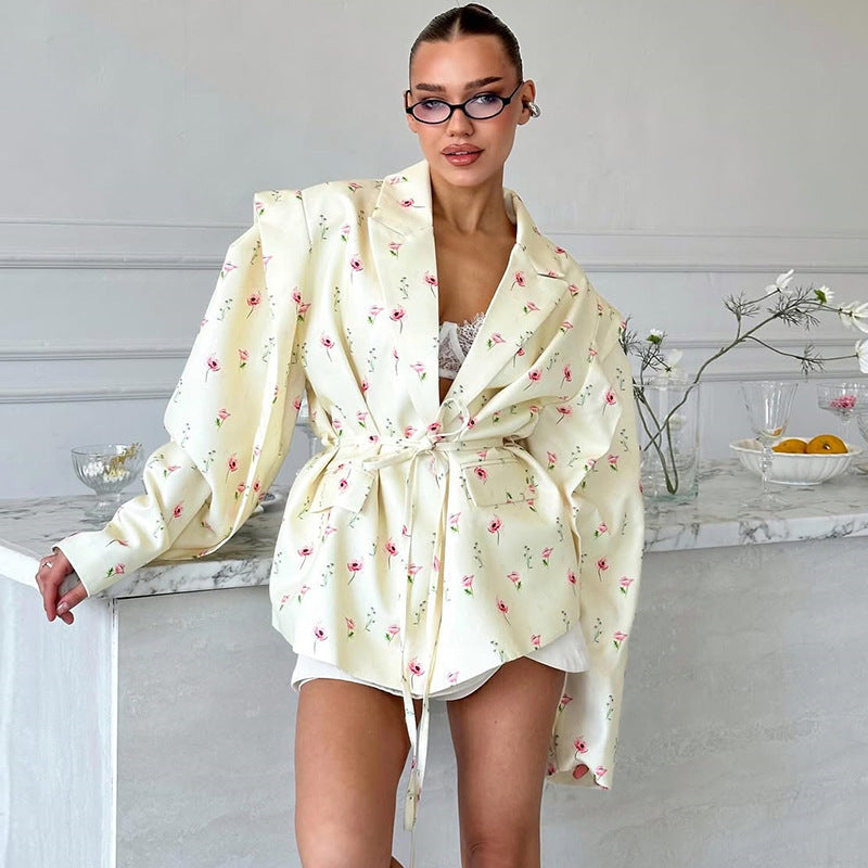 Elegant Floral Blazer Jacket with Waist Belt