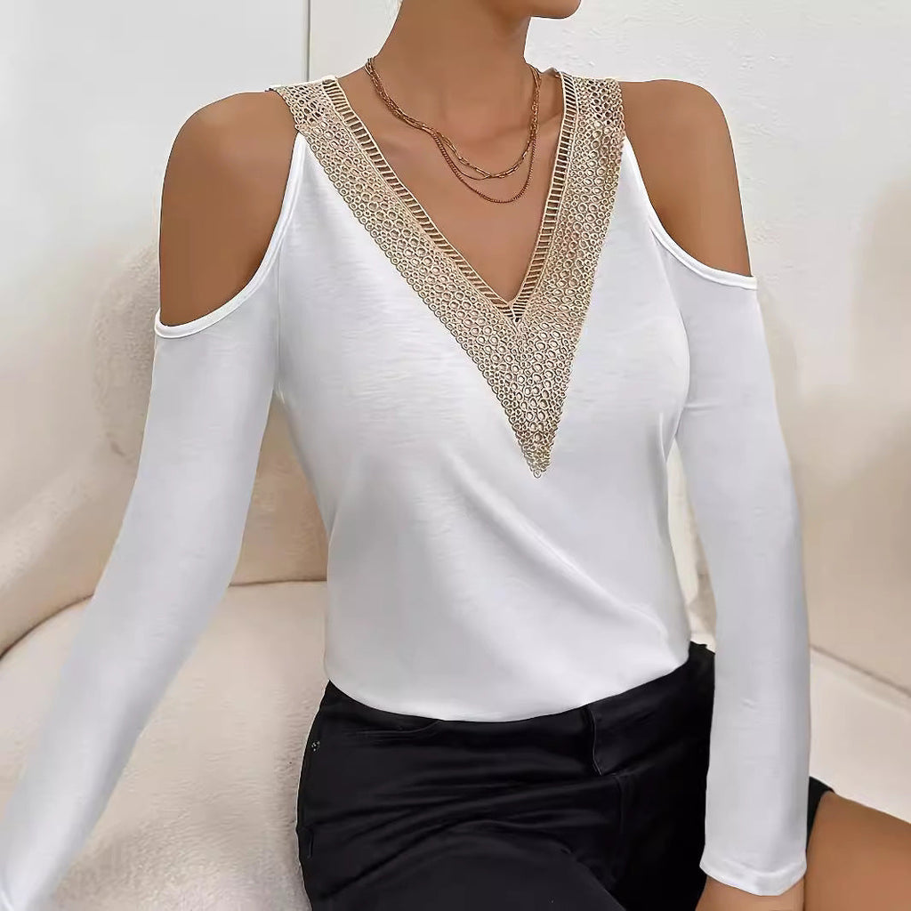 Women's Elegant Long-Sleeve Shirt with Decorative Neckline