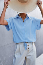 Women's Short-Sleeve Blouse with Waist Tie