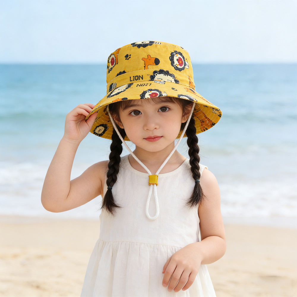 Unisex Kids' Wide Brim Sun Hat with Chin Strap and Unicorn Print