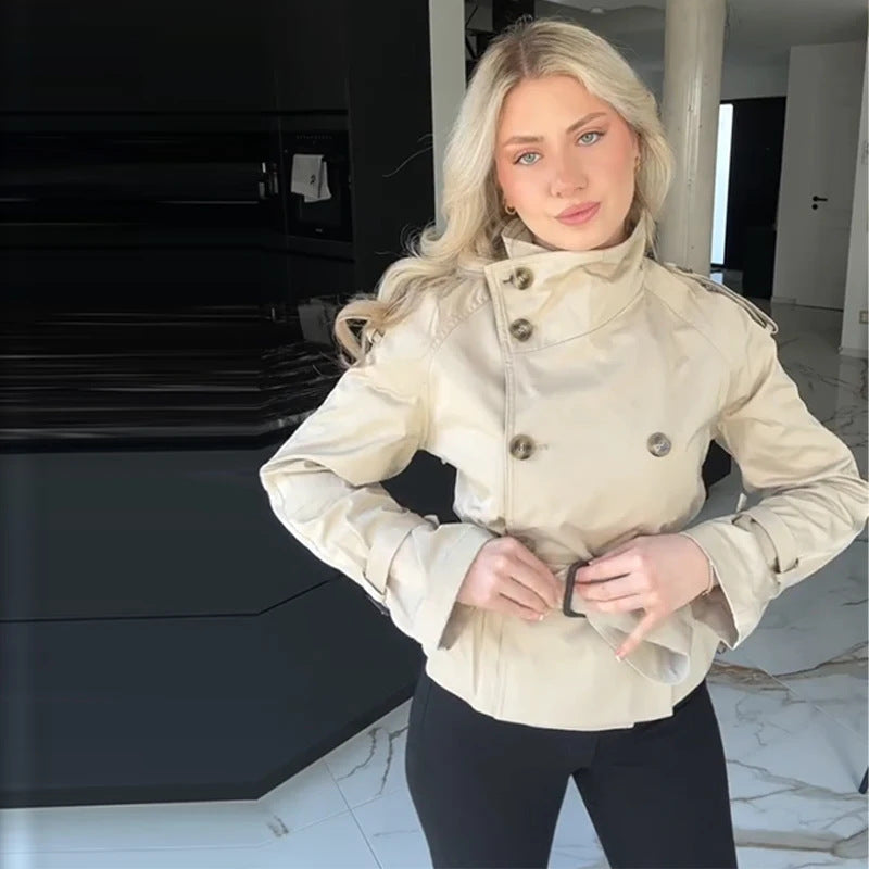 Women's Elegant Short Trench Coat with Double-Breasted Closure and Waist Belt