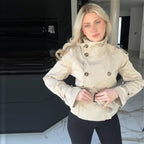 Women's Elegant Short Trench Coat with Double-Breasted Closure and Waist Belt