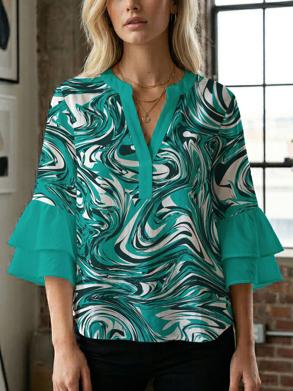 Women's Blouse with Voluminous Flutter Sleeves and Leaf Print