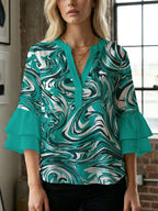 Women's Blouse with Voluminous Flutter Sleeves and Leaf Print