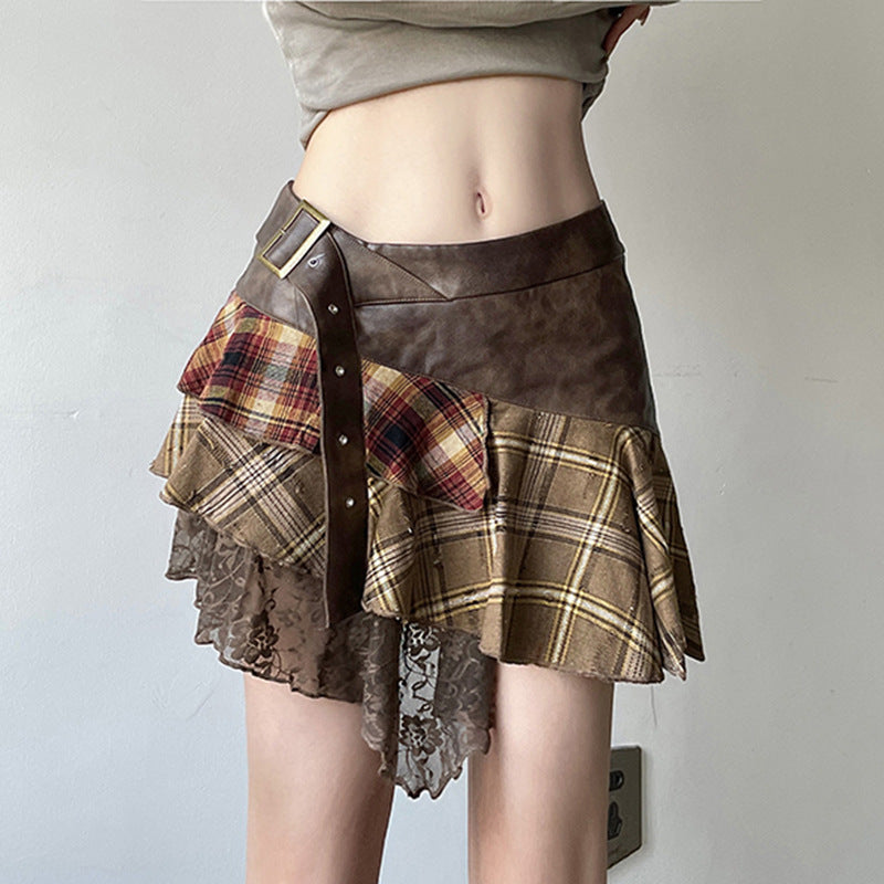 Women's Fashionable Mini Skirt with Mixed Fabric Layers and Ruffles
