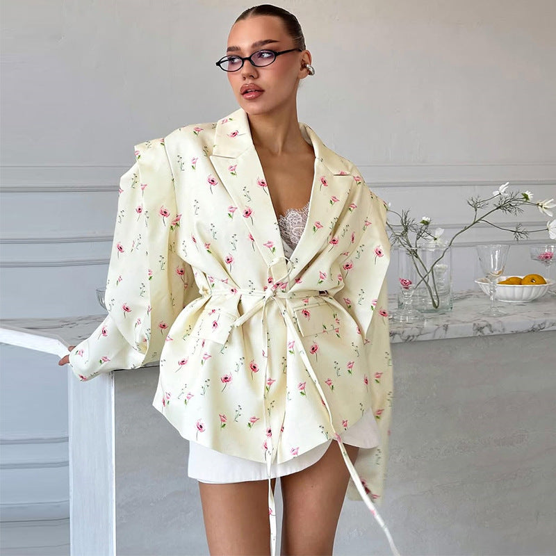 Elegant Floral Blazer Jacket with Waist Belt