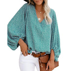 Women's Blouse with Wide Puff Sleeves and V-Neck