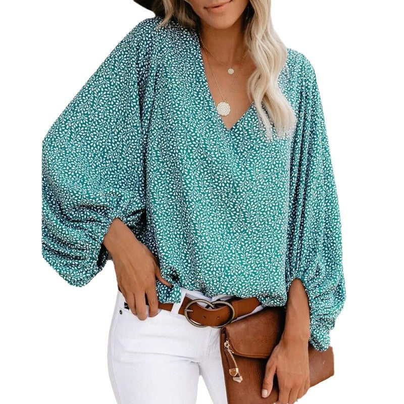Women's Blouse with Wide Puff Sleeves and V-Neck