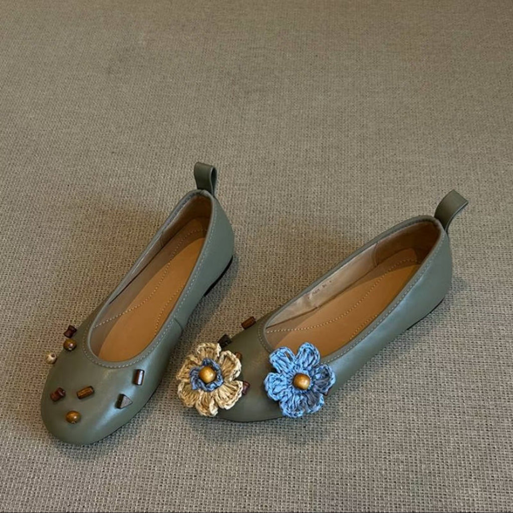 Women's Ballet Flats with Floral Decor and Shimmering Surface