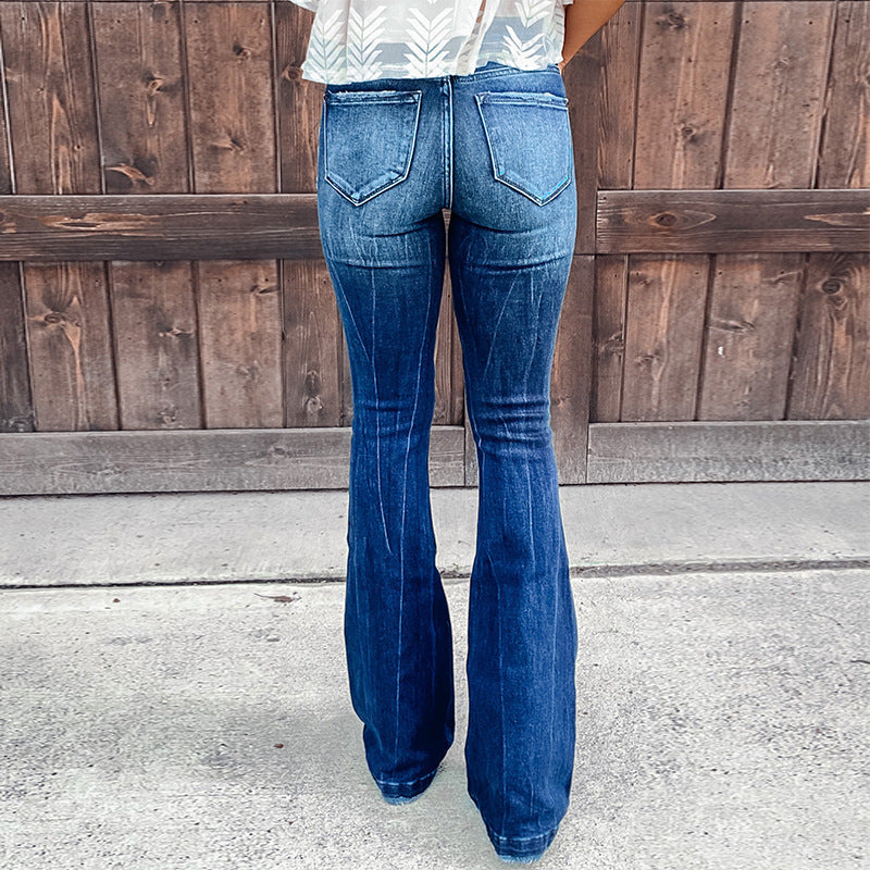 Women's Flared Jeans with Distressed Details and High Waist