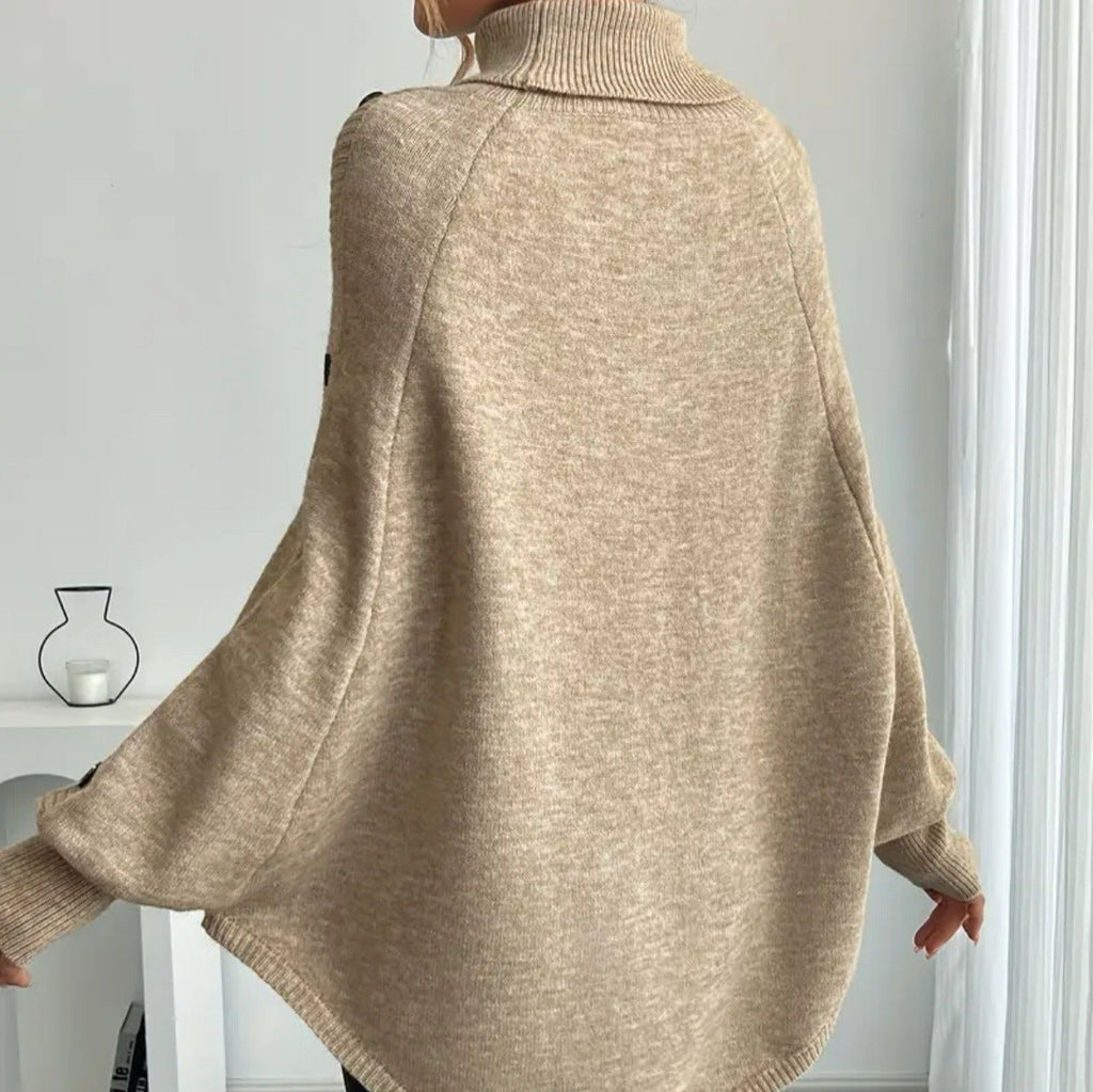 Women's Elegant Knit Poncho with Turtleneck and Cable Knit Pattern