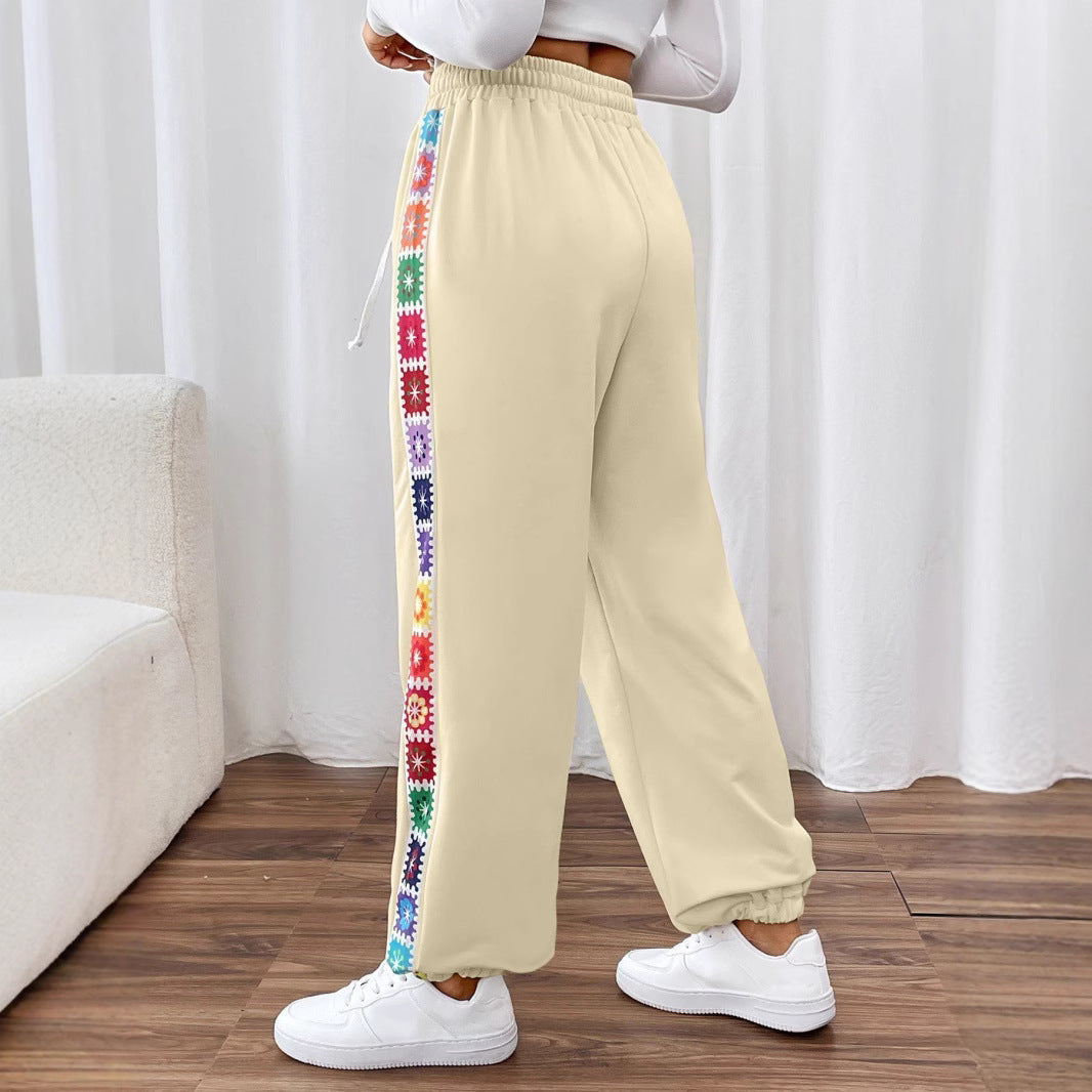 Women's Casual Pants with Floral Pattern and Elastic Waistband