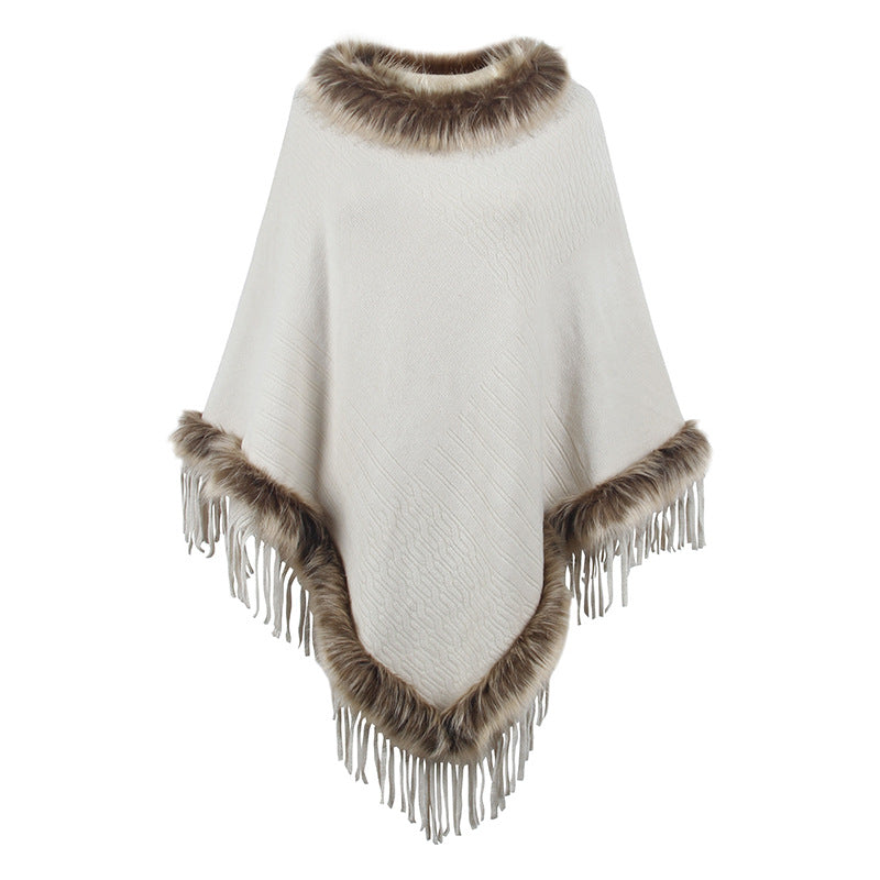 Women's Elegant Poncho with Faux Fur Collar and Fringe
