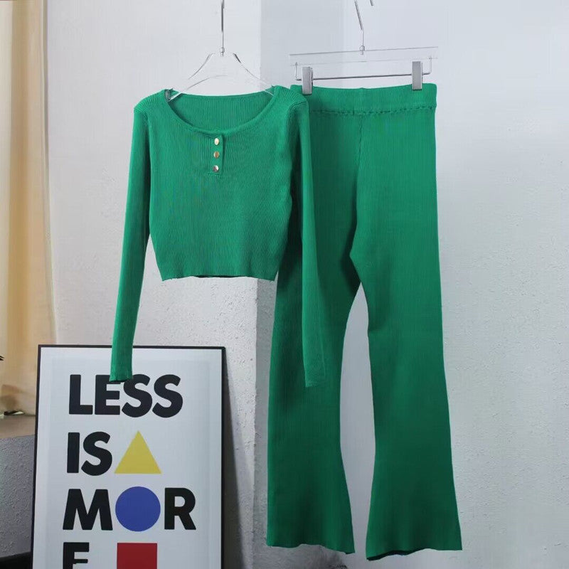 Women's Casual Knit Loungewear Set with Button Details and Wide Leg
