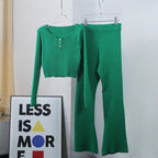 Women's Casual Knit Loungewear Set with Button Details and Wide Leg