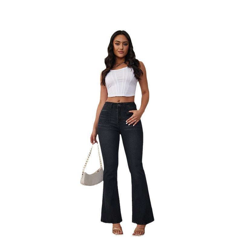 Women's Flared Jeans with High Waist and Side Pockets