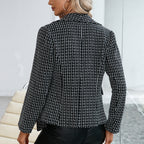 Women's Double-Breasted Blazer with Classic Plaid Pattern