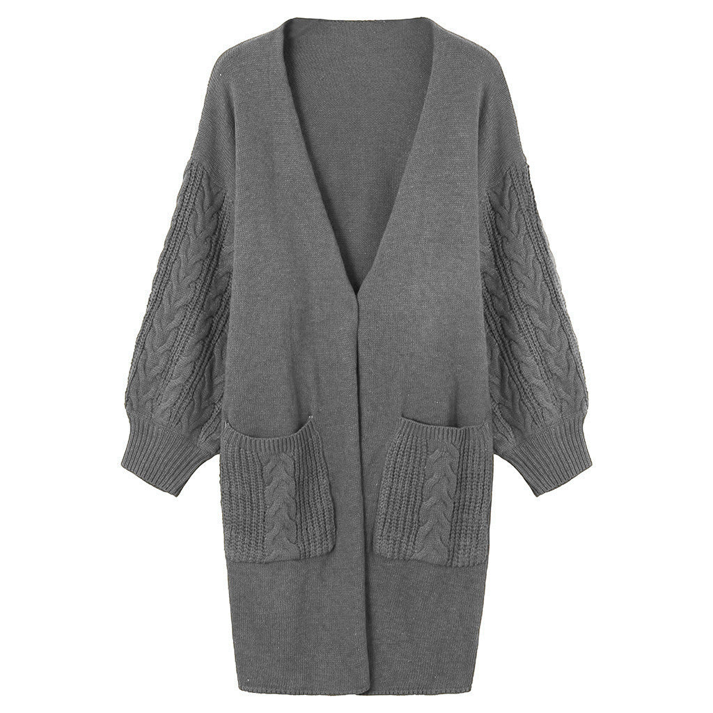 Women's Large Knit Cardigan with Voluminous Sleeves and Practical Pockets
