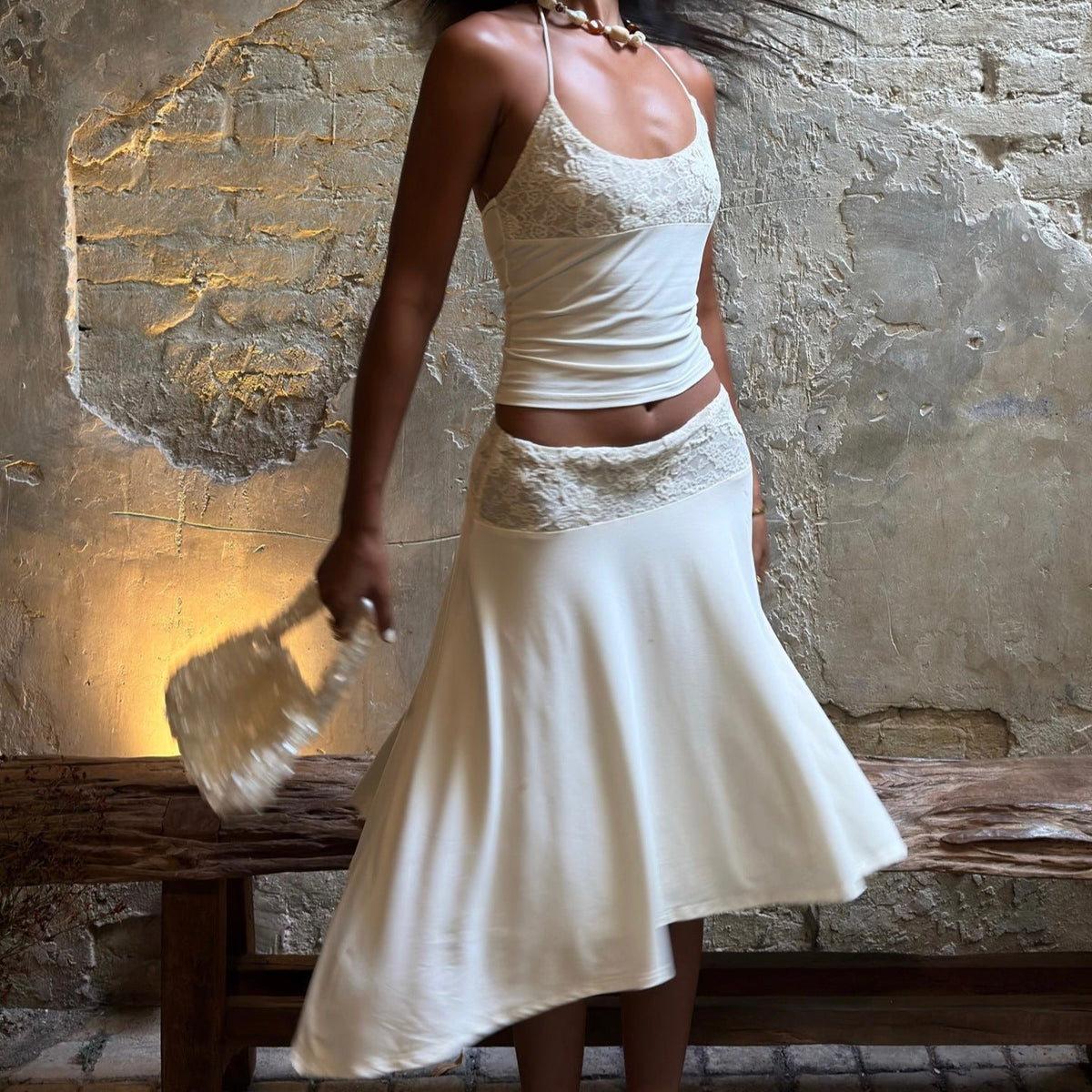 Women's Sleeveless Top with Lace Trim and Flowing Skirt