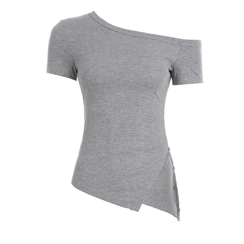 Women's Asymmetrical Short Sleeve Top with Button Details