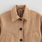 Women's Cropped Casual Faux Suede Jacket with Snap Buttons