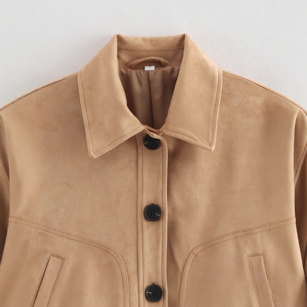Women's Cropped Casual Faux Suede Jacket with Snap Buttons