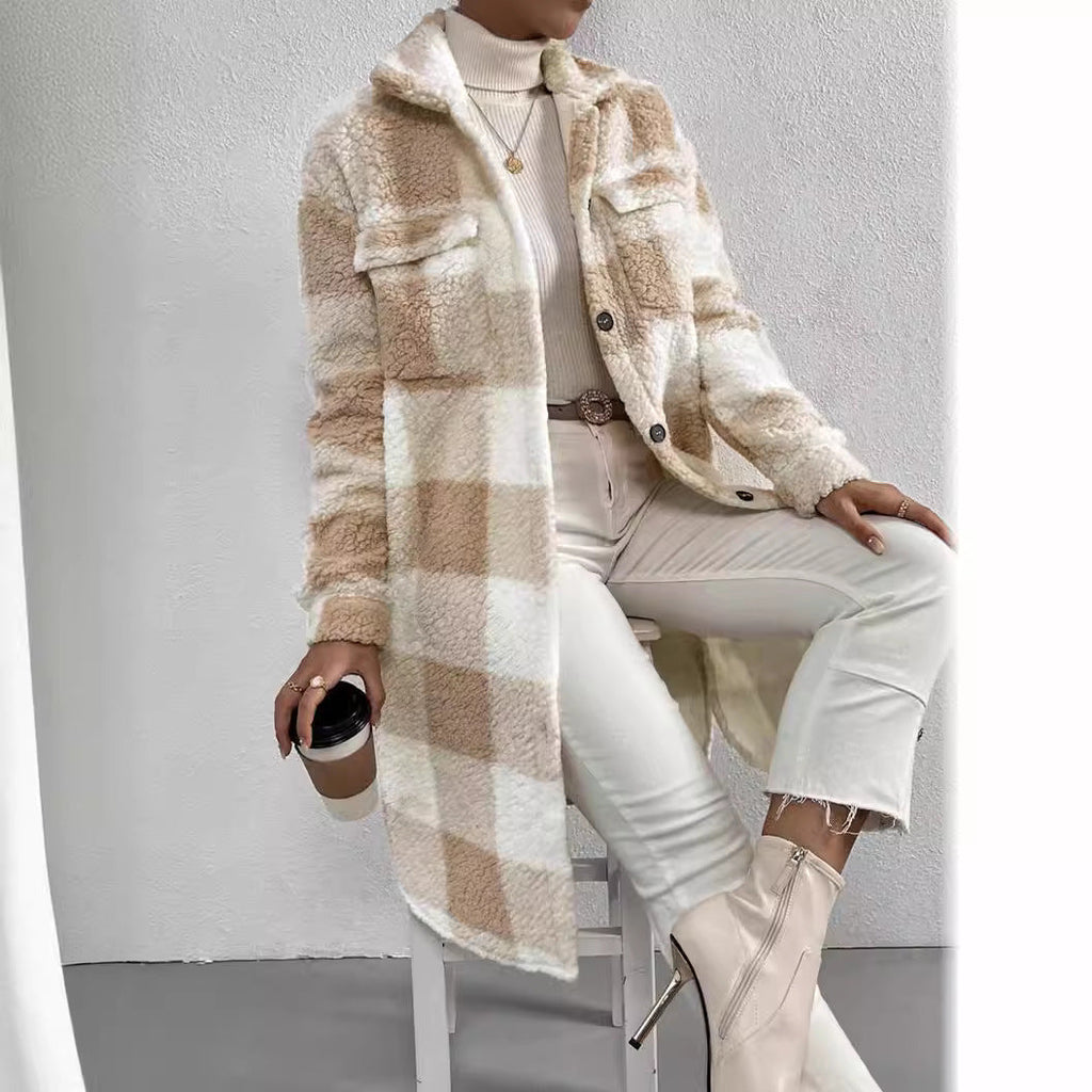 Women's Cozy Plaid Coat with Soft Lining and Button Placket
