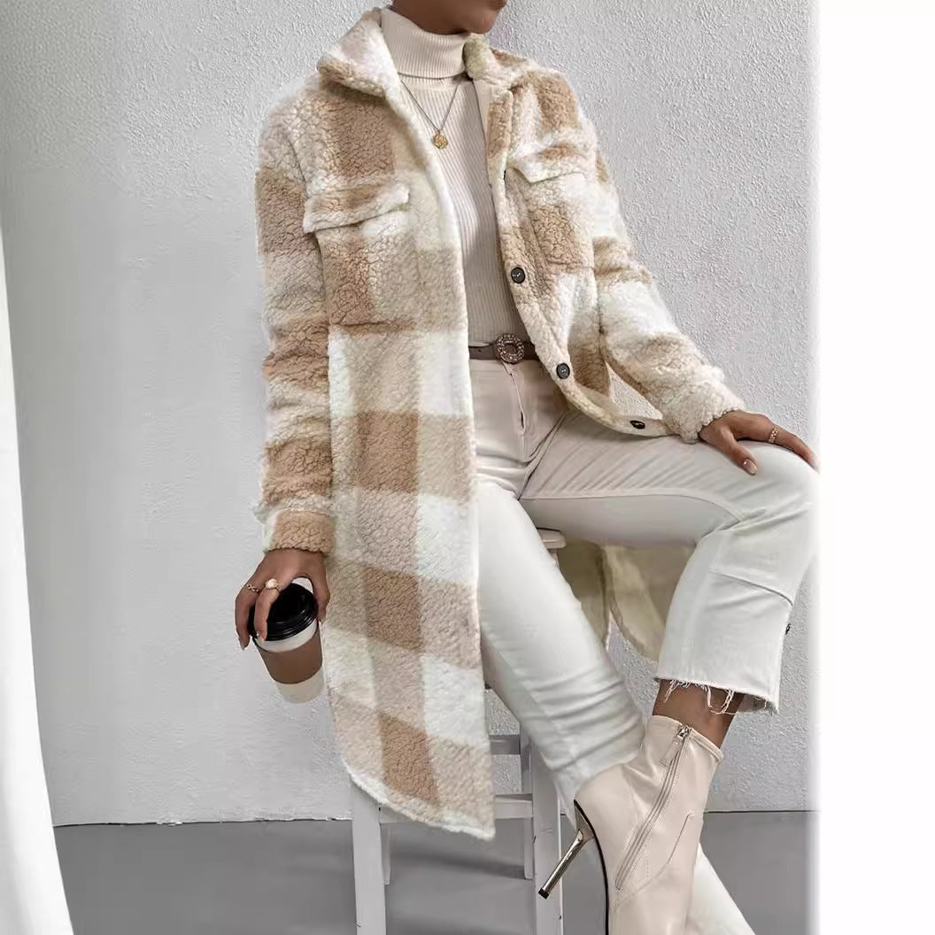 Women's Cozy Plaid Coat with Soft Lining and Button Placket