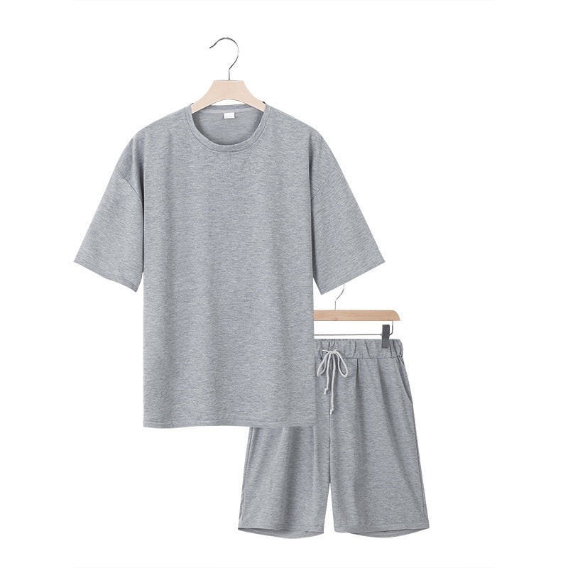 Men's relaxed jersey set with extended round neck t-shirt and elastic drawstring shorts