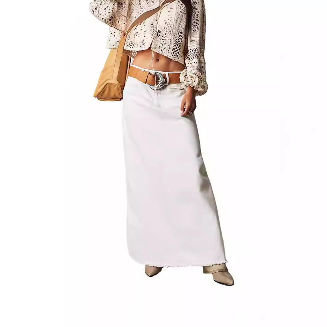 Women's Long Denim Skirt with High Waist and Pockets