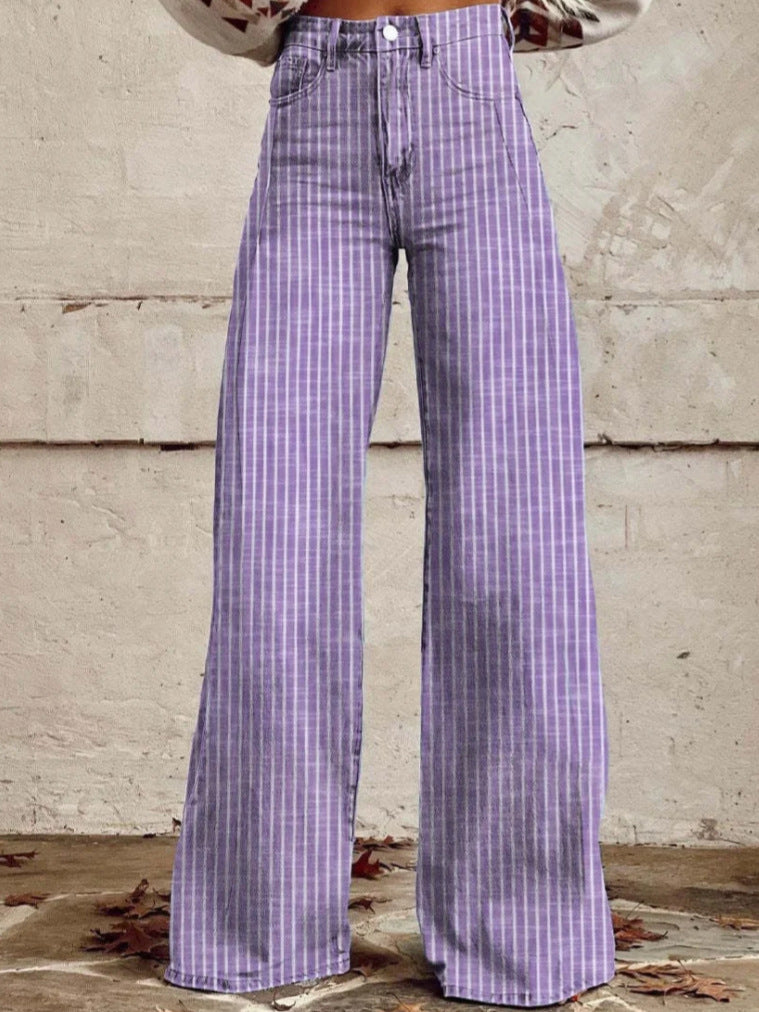 Women's High-Waisted Wide-Leg Jeans with Modern Stripe Detail