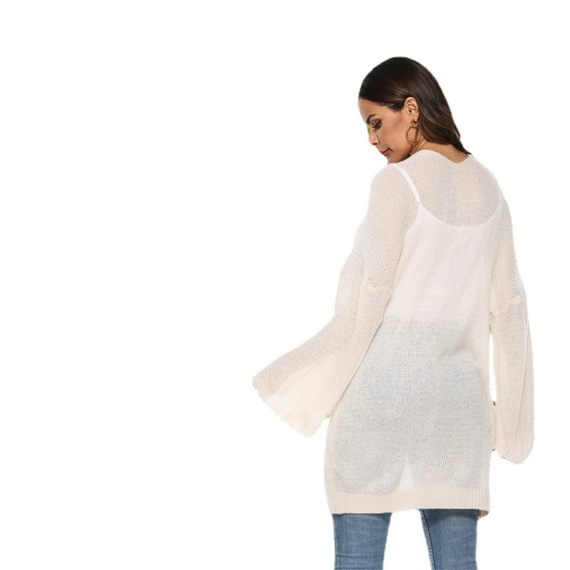 Long Knit Cardigan with Casual Cut and Wide Sleeves