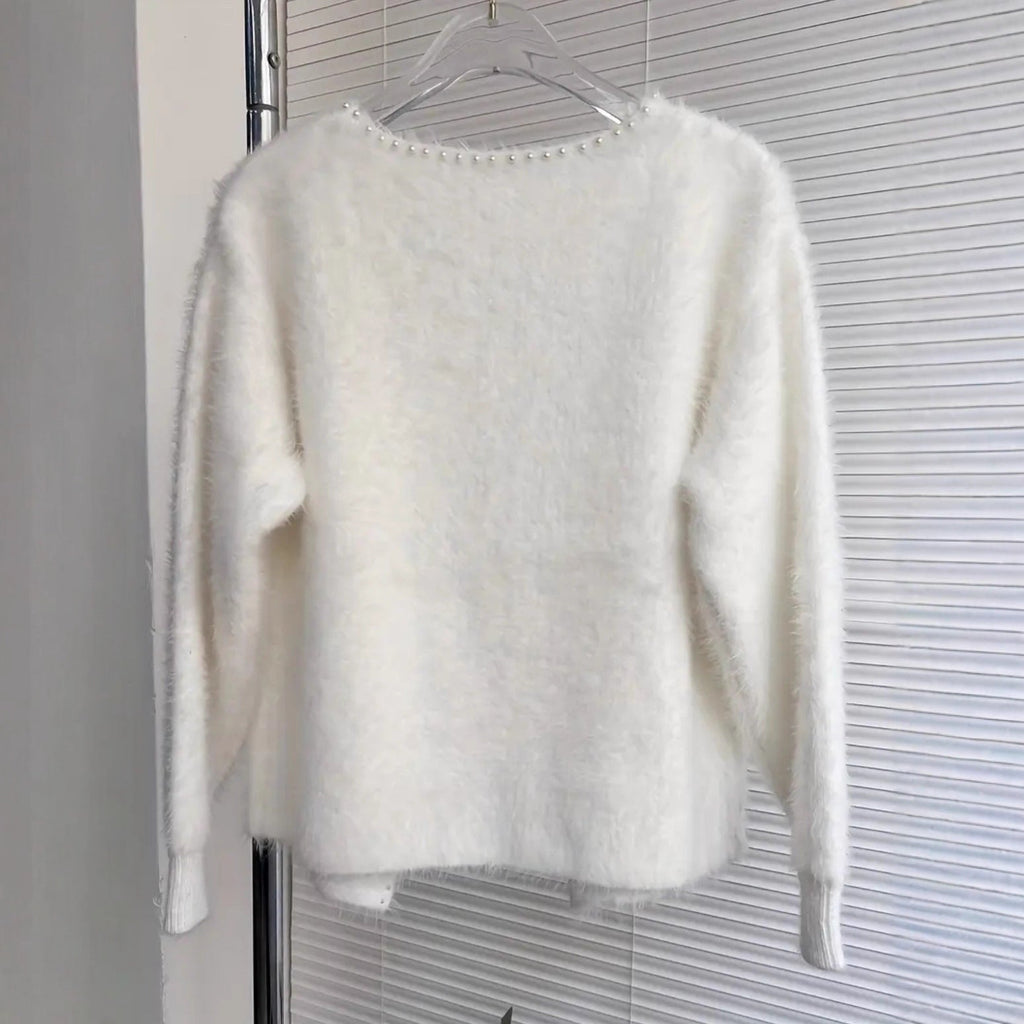Women's Fluffy Cardigan with Pearl Buttons
