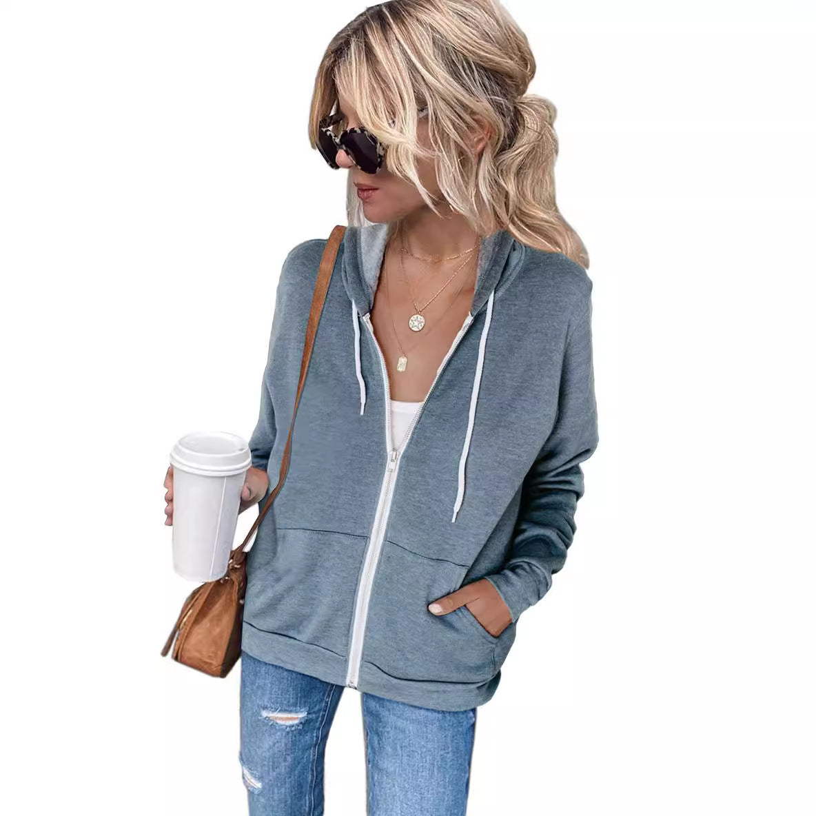 Women's Comfortable Hoodie with Zipper and Side Pockets