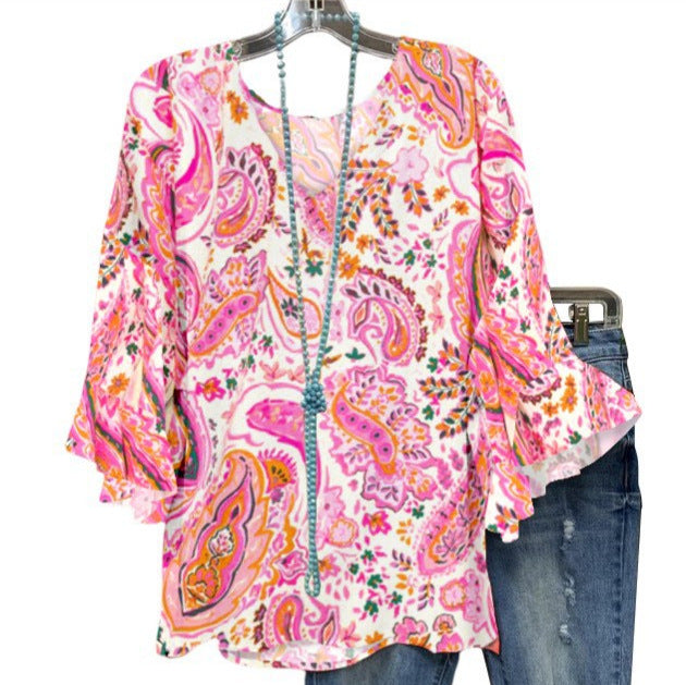 Women's Blouse with Floral Pattern and Ruffle Details