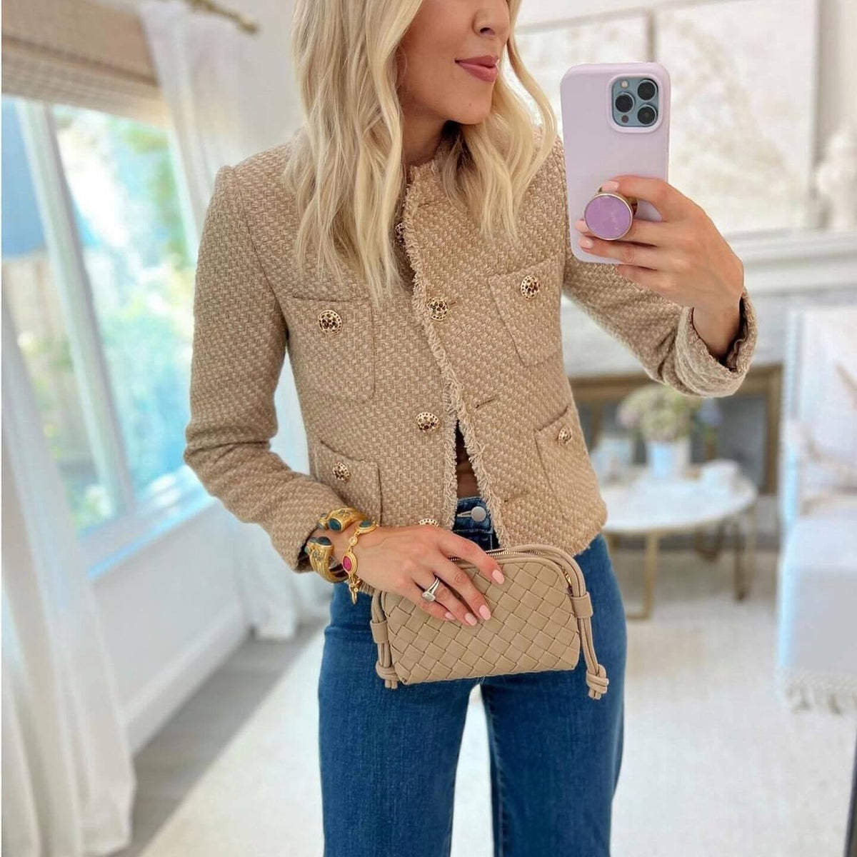 Women's Elegant Cropped Blazer Jacket with Textured Fabric and Gold Buttons
