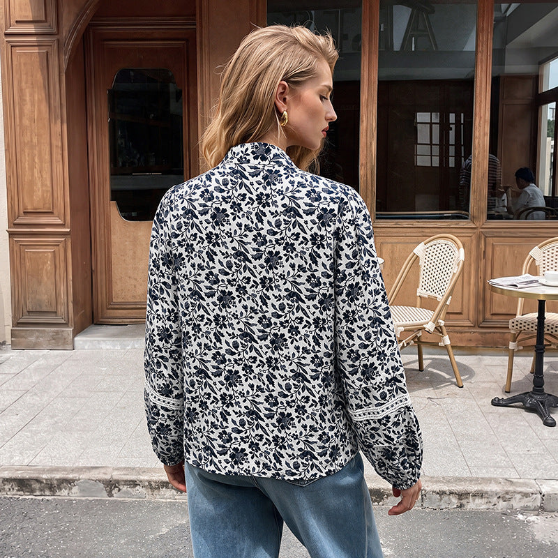 Floral Tunic Blouse with Tie Neck and Lace Details