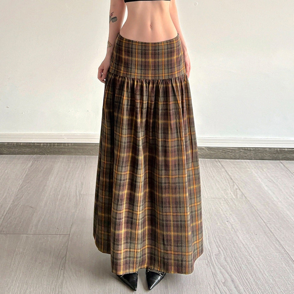 Women's Plaid Midi Skirt with High Waist and Voluminous Cut