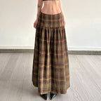 Women's Plaid Midi Skirt with High Waist and Voluminous Cut